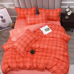 4PCS Washed Cotton Bedding Sets with Reactive Printed Plaid Striped Comforter Bedspread for Home