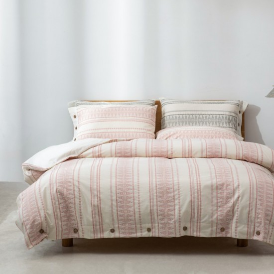 Pink Geometric Stripe Boho Duvet Cover Set King Size 3 pcs Ultra Soft Breathable Aztec Cotton Comforter Cover With Button
