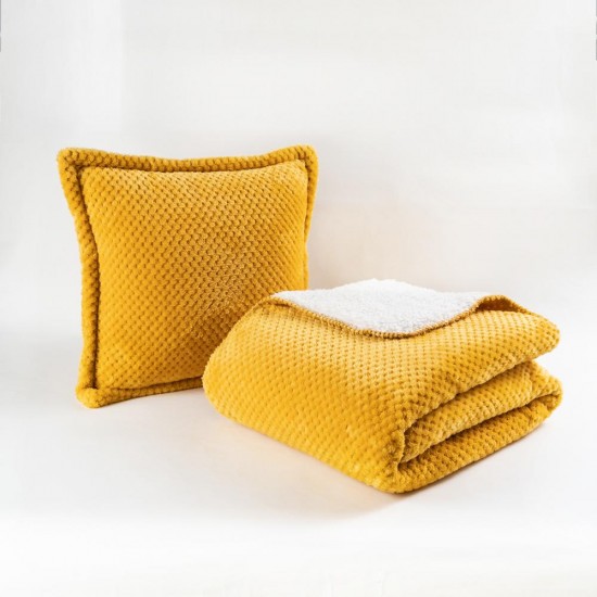 Premium Flannel Sherpa Mustard Yellow Waffle Textured blanket Comforter Cover Bedding Set