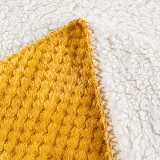 Premium Flannel Sherpa Mustard Yellow Waffle Textured blanket Comforter Cover Bedding Set