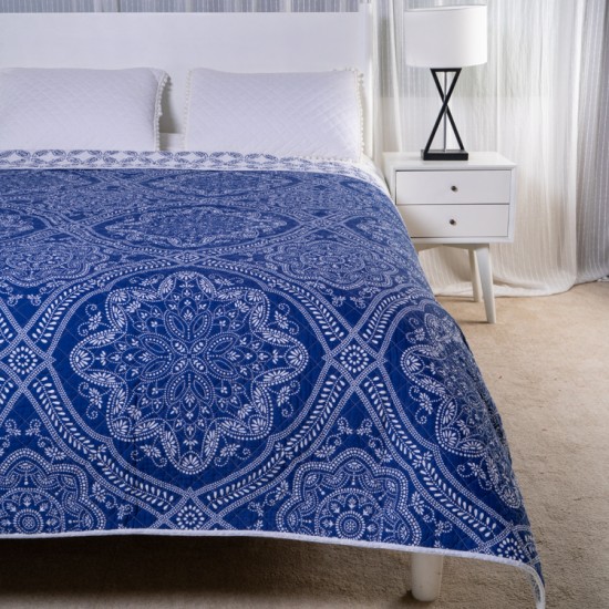 Microfiber or Cotton Bedspread Quilt Sets-Reversible Patchwork Blue Classic Bohemian Pattern bed comforter set