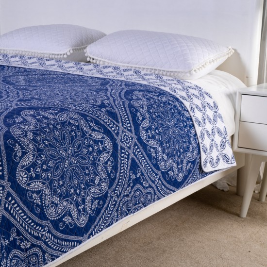 Microfiber or Cotton Bedspread Quilt Sets-Reversible Patchwork Blue Classic Bohemian Pattern bed comforter set